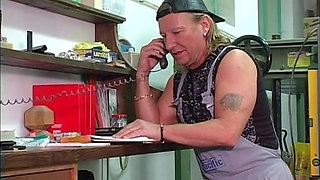 Horny Fuck Pig in Red Lingerie Fucks a Craftsman in the Workshop