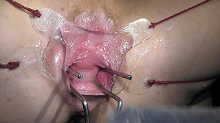 Far Spread Pussy Even Further Open and with Dildo Working Close up, Looking Inside and Squirt