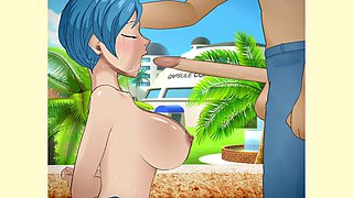 Busty milf Bulma from Dragon Ball Z gets slow and sensual throatfucking outside Capsule Corp