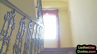 Strapon CFNM babes pegging guy in bondage threesome