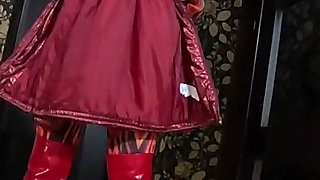 Red Nylon Jumpsuit Fetish - Cameltoe Tease, Deep Blowjob and Cum on My Downjacket