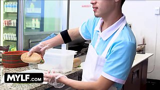 Mylf - big titted blondie milf Nina Elle whips her massive hooters out and makes teen stud cover them in jizz