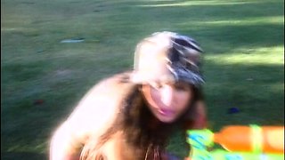 Two horny lesbians with big boobs masturbating under shower