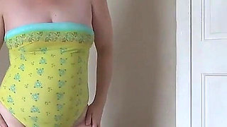 Wearing Sexy Yellow Swimsuit Striptease and Masturbation