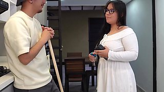 Busty latina made a guy who works at her place, fuck her in the kitchen