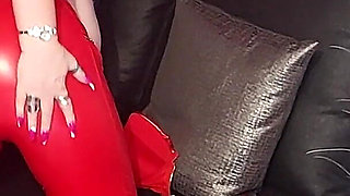 Busty Granny in Red Latex Teases Massive Tits Solo