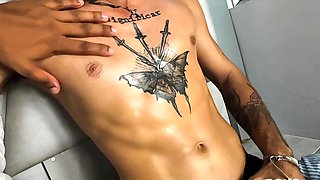 Tattooed Latino Boy Gets Passionate Handjob in Wet Shower