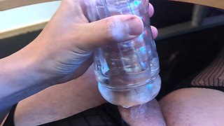Hard throbbing girl cock playing with clear pussy toy and cumming inside