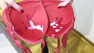 Amateur Ukrainian Wife CherryDream Huge Cumshot in Bra Cups After Blowjob Titjob