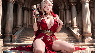Blonde Goddess in Red! Forbidden Gaze in the Ancient Corridor, Deep V & High Slit teasing you.