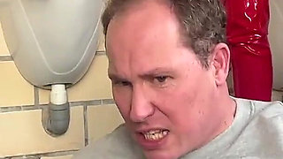 Latex Hobby Slut Fucks Stranger in the Men's Restroom!