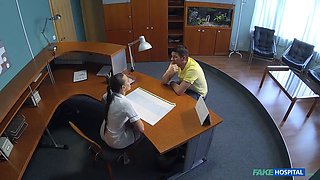 Hot nurse gets fucked over the receptionist desk - faux polyclinic