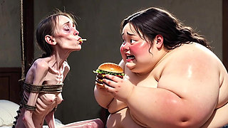 Skinny Girl Getting Fed by Huge Fat Woman - Contrast Feeding Fetish