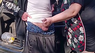 Public cum, public blowjob, jerk cum