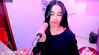 Sexy Asian Girl Deepthroating Pink Dildo Machine in Purple Room