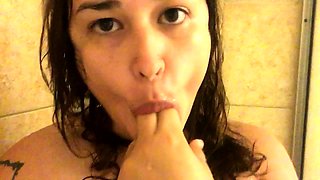 Busty curly brunette with big boobs fucks on couch