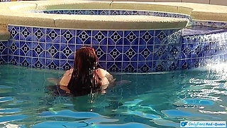 Hot Long Haired Ginger MILF Taking a Dip and Fucking in Outdoor Pool