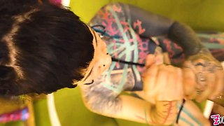 Alternative goddess taunts petite tits & nips then takes rough doggy, cascading facial