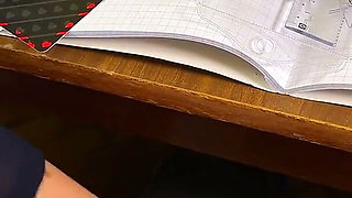 High Schoolgirl Stroking Him off in Math Class Under the Table. at College