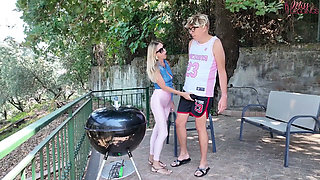 Distressed Stepaunt Seduces and Fucks Virgin Stepnephew to Convince Him to Help Her with the Bbq Before the Guests Arrive