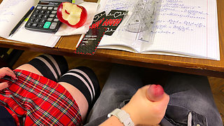 High Schoolgirl Stroking Him off in Math Class Under the Table. at College