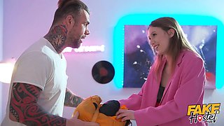 Faux hostel - fresh duo meet up before being joined by horny backpacker for a threesome