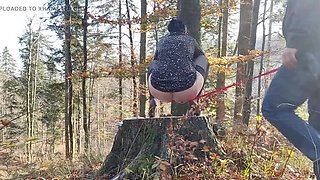 Desperate Teen Slut Leashed Outdoor Pissing and Anal with Mature Lesbian