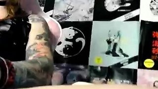 Big tit shemale jerks her long cock