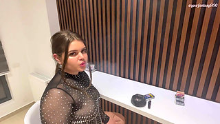 Shy girl smokes in front of you