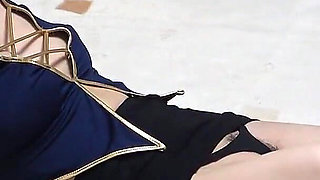 Busty Flight Attendant's Room, Girl in Japanese Apartment in Miniskirt Flight Attendant Uniform, Thong Panties, Black Stockings