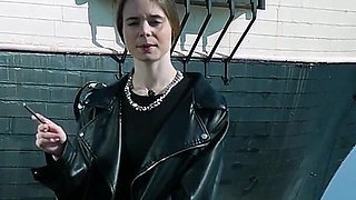 Young Russian Woman Smoking Cigarette Outdoor Terrace