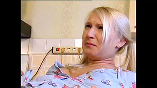 Gina Blonde sucks big cock and gets pussy fingered in kitchen fuck