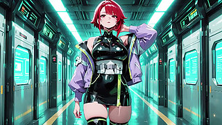Ai-purple Kimono Seduction in the Neon Train Car, Fingertips Touching Collar, a Gaze That Drenches You!