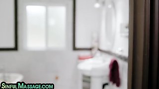 Lez babe uses massage to relax GF before 69 and tribbing sex