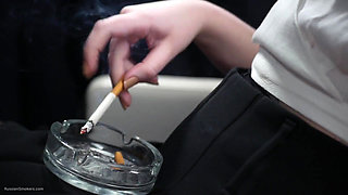 Russian Blonde Babe Smoking in White Blouse