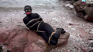 Begging to Be Tied up in 8mm Beuchat - Wetsuit Girl Struggles at the Shoreline