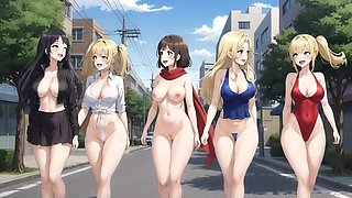 Five naked beauties with big breasts walking down the street