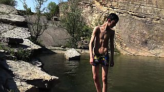Sweet Skinny Twink Boy with Huge Dick Gets Outdoor Handjob