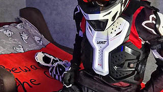 An Excited Guy in Motorcycle Gear Fucks His Sneakers