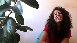 Brunette jerks her gigantic inborn tits