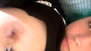Brunette with big boobs masturbates