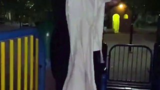 NANA's shaved pussy outdoors exposed in front of the