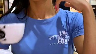 Amateur busty brunette masturbates and does hand job
