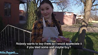Public agent Asian babe Luna Truelove offers her cream cakes for a creampie