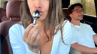 Hottie babe teases thick cock in car with sensual stockings play
