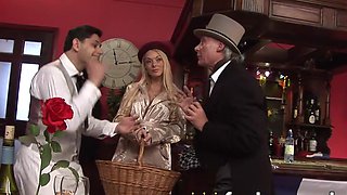 Super-sexy stunners get super super-naughty with 2 virile fellows in a XXX porn-worthy orgy