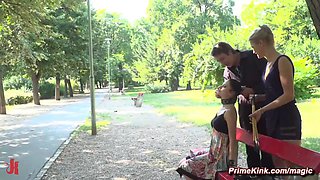 Italian babe butt caned in the public