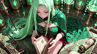 Under the Ethereal Blue Glow of a Gothic Cathedral, She Kneels with Her Staff, Eyes Locked on You.