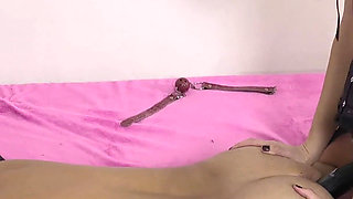 Mistress Irena Mur Fists and Pegs Her Bound Blindfolded Slave with a Big Black Strap-on