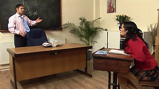 Big boobed brunette in college uniform enjoys classroom fuck